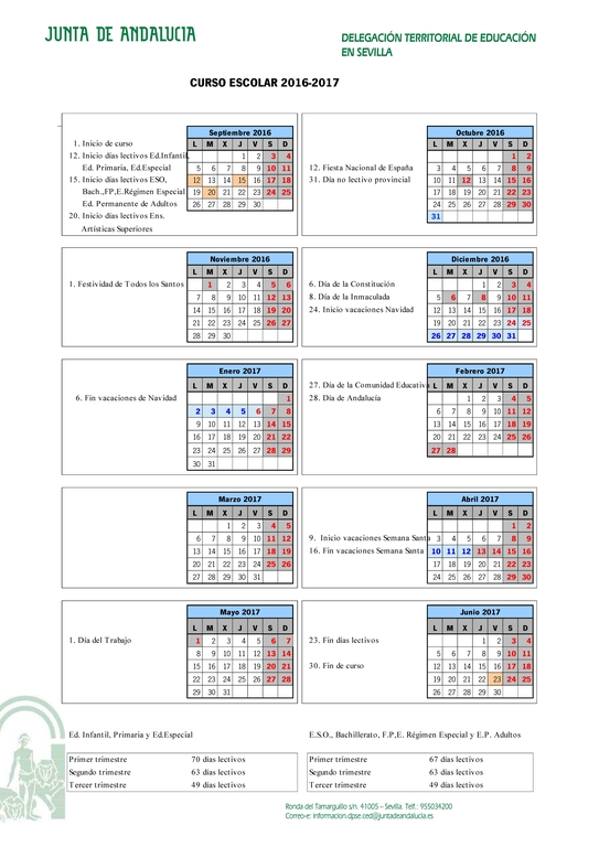Calendario escolar Sevilla Curso 2016 - 2017