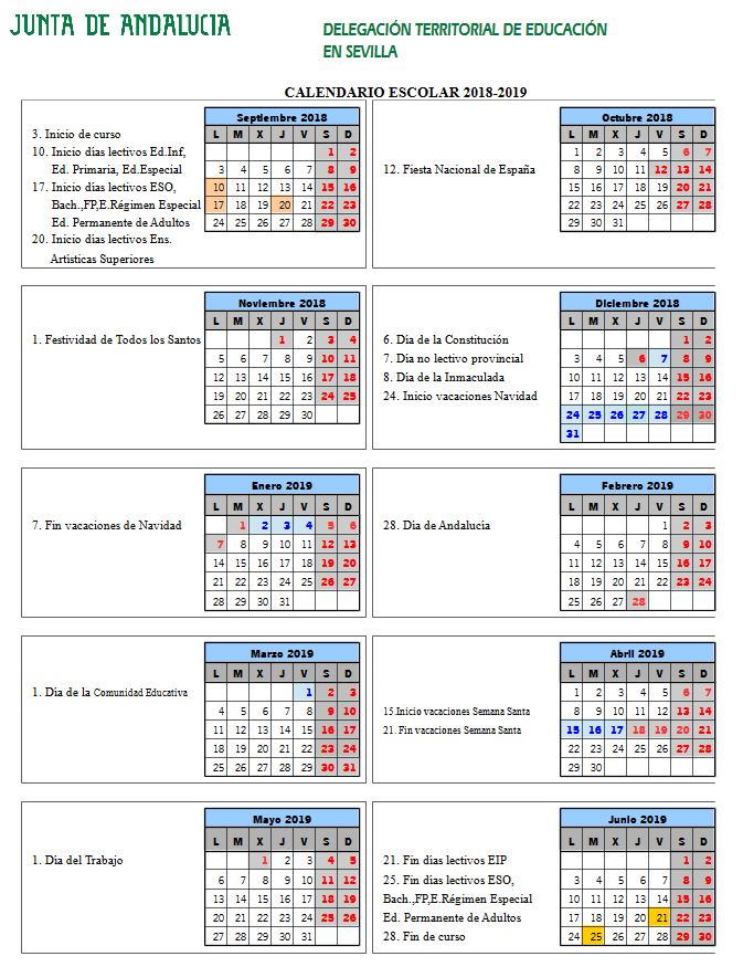 Calendario escolar Sevilla Curso 2018/2019
