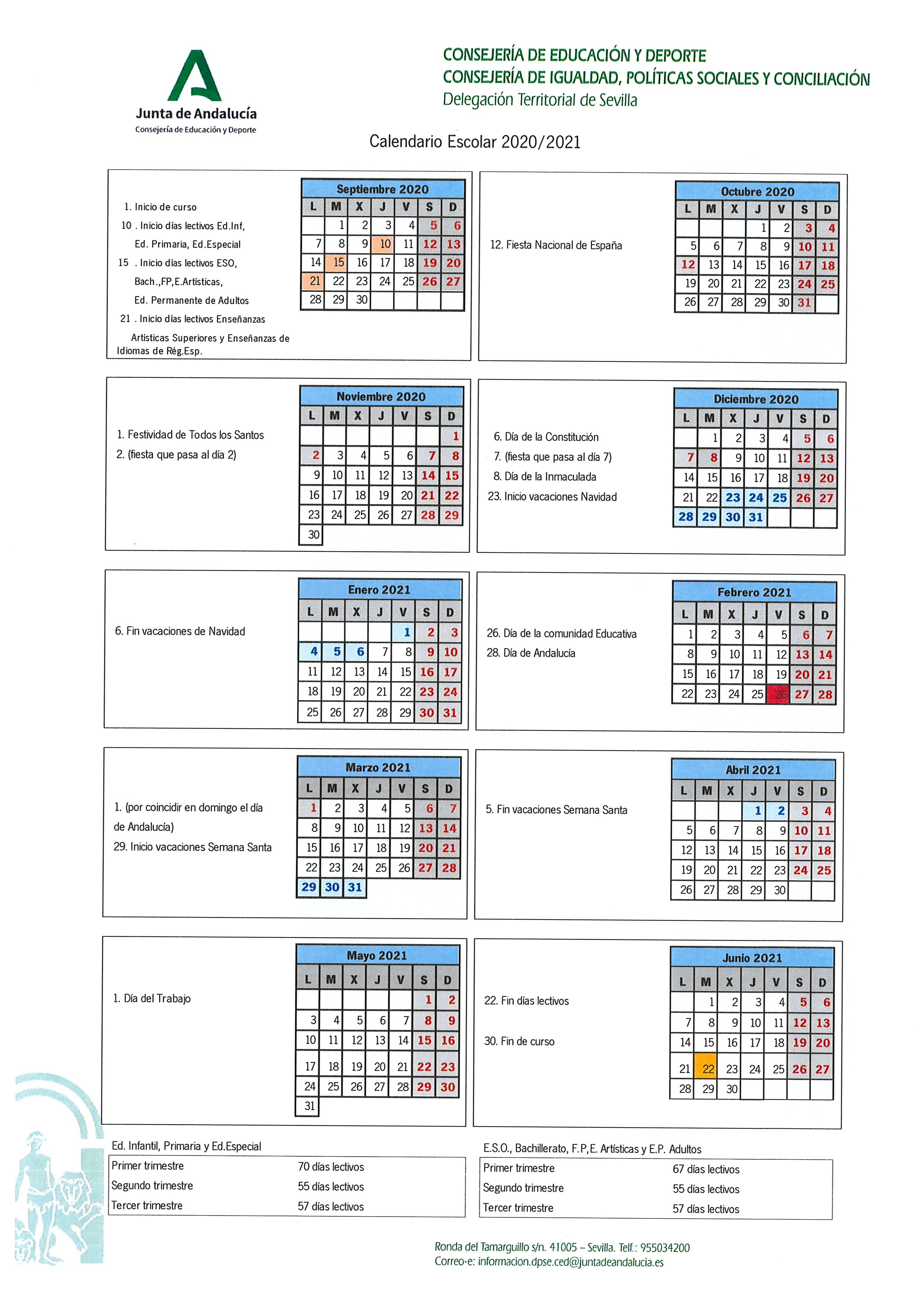 Calendario Escolar curso 2020 / 2021 de la provincia de Sevilla 