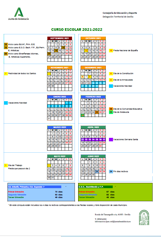 Calendario Escolar Sevilla curso 2021/2022