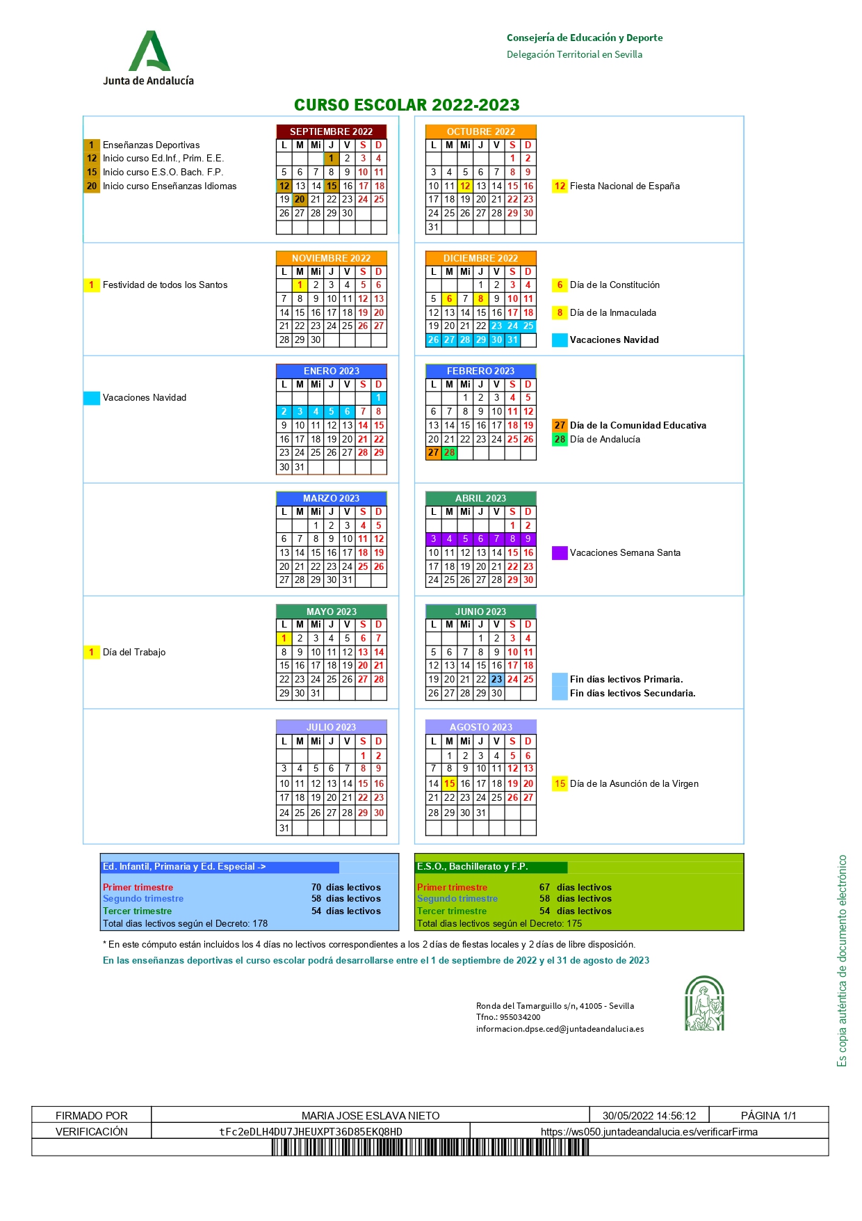 Calendario escolar Sevilla Curso 2022/2023